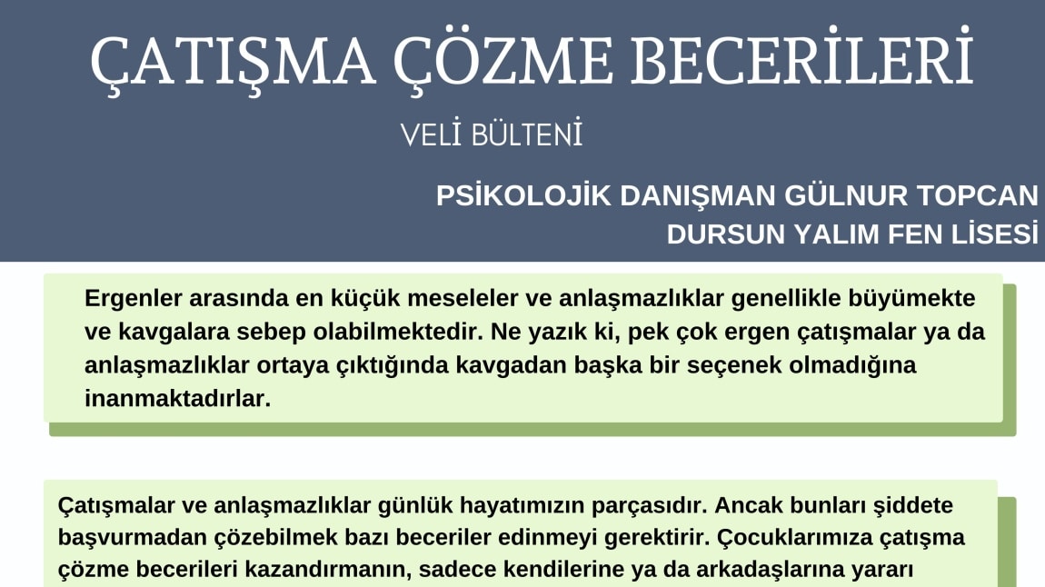 Çatışma çözme becerileri veli bülteni psikolojik danışma ve rehberlik servisimiz tarafından yayınlanmıştır.